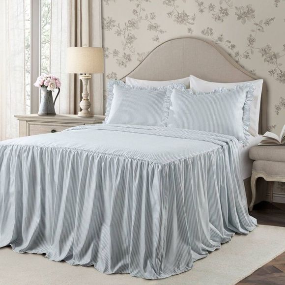 Queen 3pc Ticking Stripe Bedspread Set Lake Blue - Lush Décor - Picture 1 of 4
